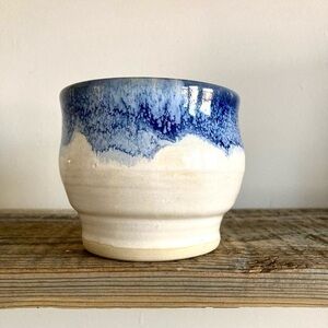 Stoneware pottery bowl blue drip glaze OOAK